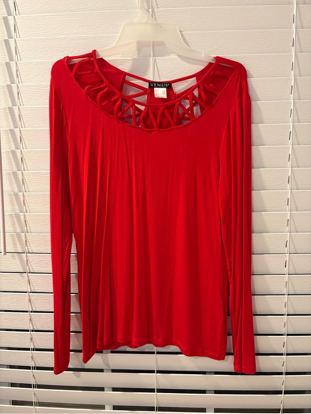 VENUS Red Long Sleeve Top with Lattice Cutout Neckline. Never worn